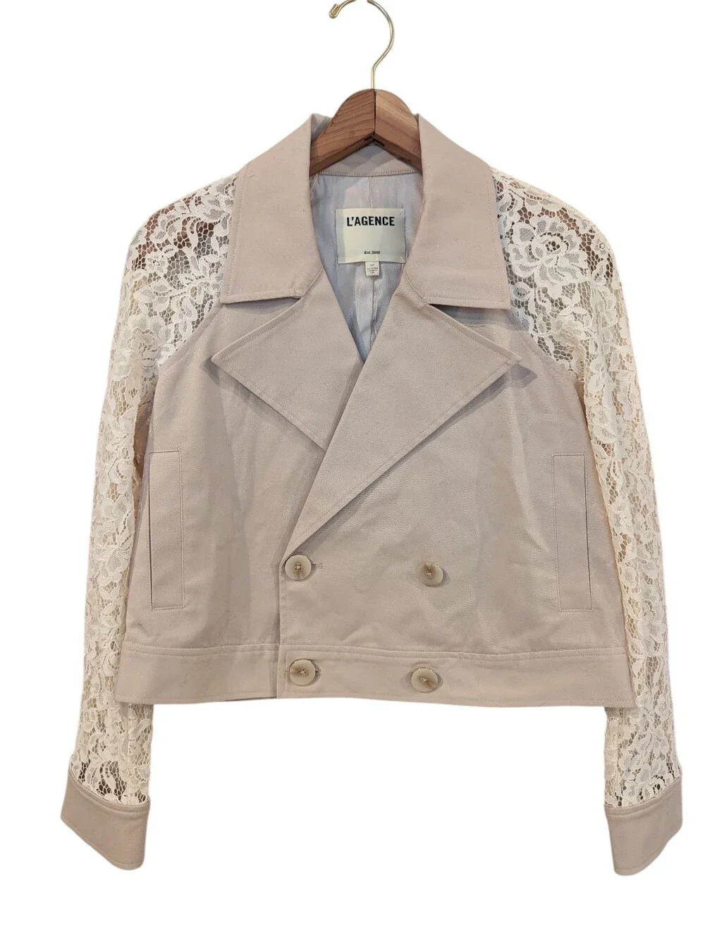 L'AGENCE Novelle Lace-Sleeve Cropped Trench Jacket Small Biscuit/Beige, Cream